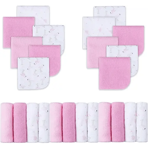 Viviland Baby Washcloths, 24 Pack Super Soft Baby Bath Towels for Newborn, Absorbent Face & Body Wash Cloth for Baby Girl, Flamingos Pattern, 9 x 9 inch