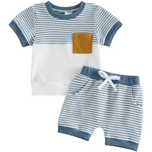 Baby Boy Clothes Toddler Summer Outfit Waffle Knit Pocket T-Shirt Tops Striped Shorts Set 6 12 18 24 Months Clothing