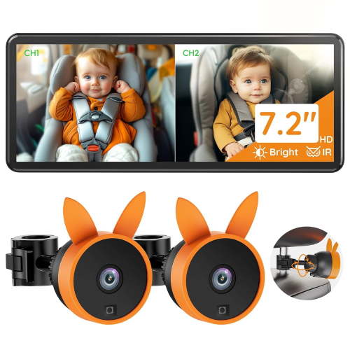 BV3 PRO Dual Baby Car Camera – See 2 Kids Clearly with 7.2" HD Screen, 1080P Night Vision, 3-Level Brightness, Rear-Facing Monitor for SUV/Truck