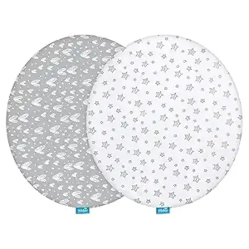 Bassinet Sheets Compatible with Fisher-Price On-The-Go Baby Dome, 2 Pack, 100% Jersey Knit Cotton Fitted Sheets, Breathable and Heavenly Soft, Grey Hearts and White Stars Print for Baby