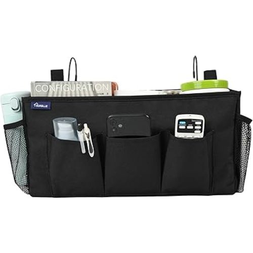 Surblue Bedside Organizer with Hook Bedside Caddy Hanging Storage Bag with Adjustable Straps and Water Bottle Holder for Home College Dorm Bunk Bed Accessories, Crib Bed Rails, Hospital Bed, Black