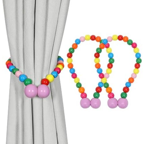 KLOGTSIND Magnetic Curtain Tiebacks, 2 Pack Wood Bead Curtain Holdbacks
