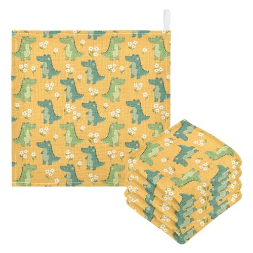 Cute Alligator Crocodile Baby Msulin Washcloths Newborn Face Towel Baby Muslin Burp Cloths 5 Pack Soft Absorbent Natural Cotton Wash Towel 11.8"X11.8", Shower Gift and Essential