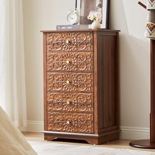 5 Drawer Dresser for Bedroom, Narrow Chest of Drawers with Carved Floral High Gloss Front, Slim Small Wooden Storage Cabinet with Gold Handles, Compact Accent Dresser for Entryway Hallway (1, Walnut)