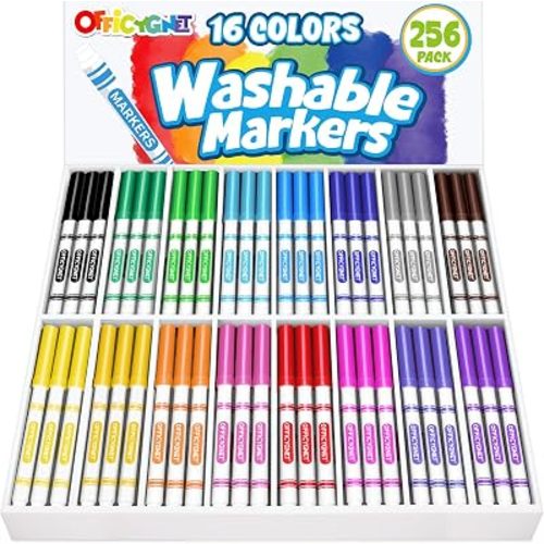 Officygnet 256 Count Washable Markers Bulk, 16 Assorted Colors, Fine and Broad Line Conical Tip Coloring Markers for Kids, Markers Bulk Pack for School Art Supplies, Back to School Essentials