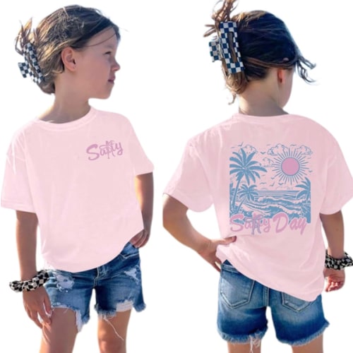 Girl's Hawaiian Graphic Tees Cute Preppy Shirts for Kids Salty Beach Printed Tshirt Casual Summer Tops