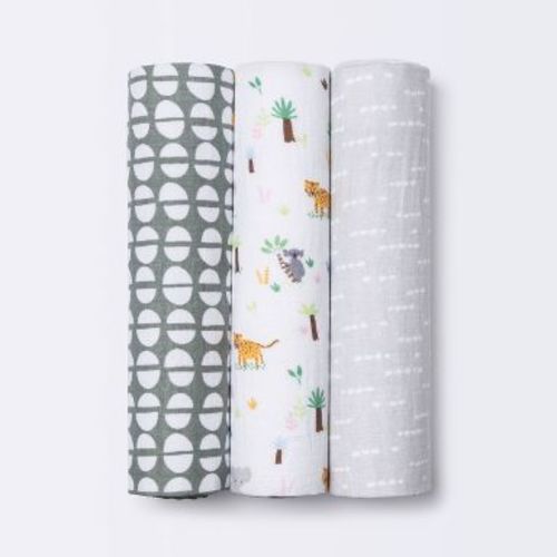 Muslin Swaddle Blankets Jungle - Cloud Island™ Gray 3pk