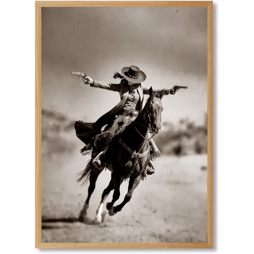 Framed Western Cowboy Wall Art Vintage Cowgirl Poster Retro Gunslinger on Horseback Sepia Canvas Painting Print Old West Wild Horse Girl Rustic Southern Picture for Home Bedroom Decor 8x12inch