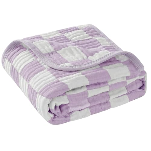 6-Layer Muslin Baby Blanket Made with Organic Cotton - Classic Neutral Checkered, Swaddle & Crib Quilt, 43”x43”, (Lavender Checkered)
