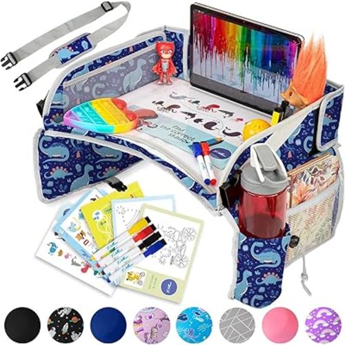 Kids Travel Tray for Car - Toddler Essentials for Road Trip, Carseat Tray for Kids Travel, Car Activities for Kids Ages 4-8 w/ Activity Sheets & Pens, Tablet Holder, Dry Erase Board,Cup Holder