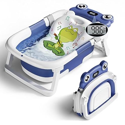 Baby Bathtub, Collapsible Newborn Bathtub for Infant to Toddler 0-24 Months with Soft Cushion and Thermometer,Portable Travel Newborn Tub with No-Slip Feet, Baby Shower Gifts,Grey