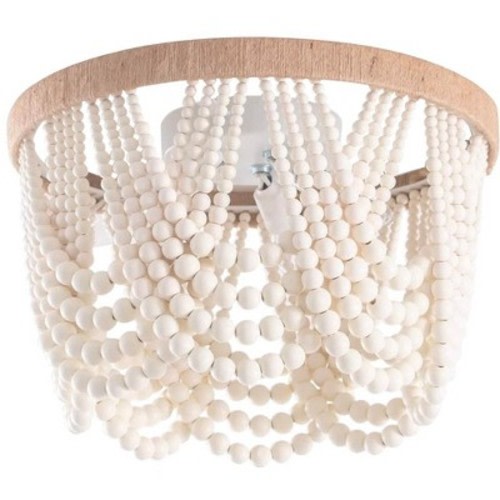 Dewdrop Boho Semi Flush Mount Ceiling Light, White Wood Bead Chandelier with Natural Wood Frame for Bedroom Hallway Entryway