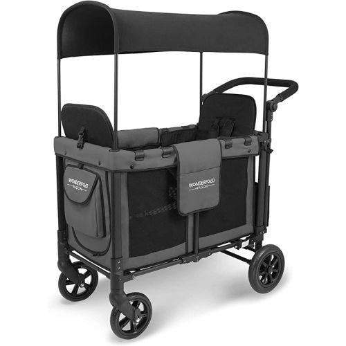 WONDERFOLD W2 Original Double Stroller Wagon Featuring 2 High Face-to-Face Seats with 5-Point Harnesses, Easy-Access Front Zipper Door, and Removable UV-Protection Canopy, Charcoal Gray (Original)
