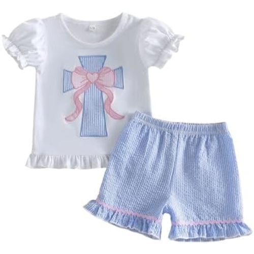 Lamuusaa Toddler Baby Girl Outfits Short Sleeve Cross Bow Embroidery T-shirt Ruffle Stripe Shorts Summer Clothes 6M-4T