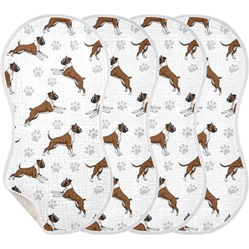 4 Pack Muslin Burp Cloths Boxer Dogs White Cotton Baby Burp Cloths Ultra Absorbent Soft Thick Burping Cloth for Newborn Babies Boys Girls 22x11 Inch