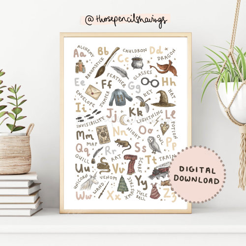DIGITAL DOWNLOAD | Wizard Alphabet Print | Illustrated A-Z Magical Poster | ABC Kids Wizarding Nursery Decor | Baby Shower Gift