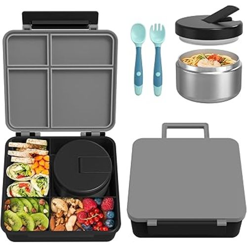 Bento Lunch Box with 8oz Soup Thermo, Kids Leakproof Lunch Food Containers with 4 Compartment, Kids Thermo Insulated Hot Food Jar for School, Trvael (Grey)