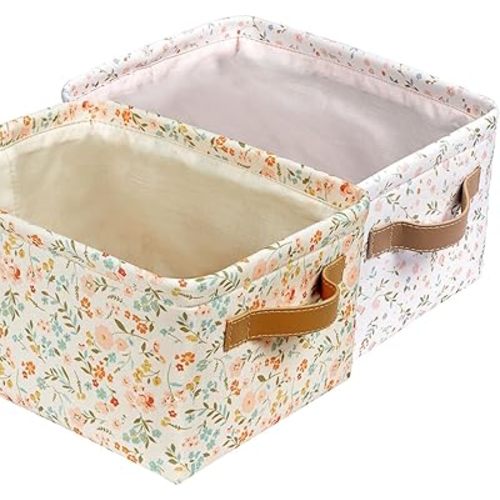 Fabric Storage Bins Cute for Nursery 8"x5.2"x10" - Collapsible Pink & Flower Kids Baskets with Handles 2 Pack, Hamper Fabric Bin, Toy Toddler Basket, Diaper Storage Bins, Baby Room Decor