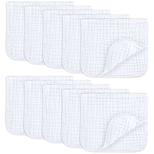Comfy Cubs Muslin Burp Cloths 20x10" 10 Pack, Baby Burp Cloths - White