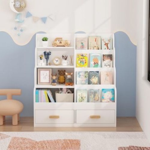 GDFStudio Sara 35.43'' Modern 4-Tier Kids Bookshelf with Toy Organizer and 2 Storage Drawers, White