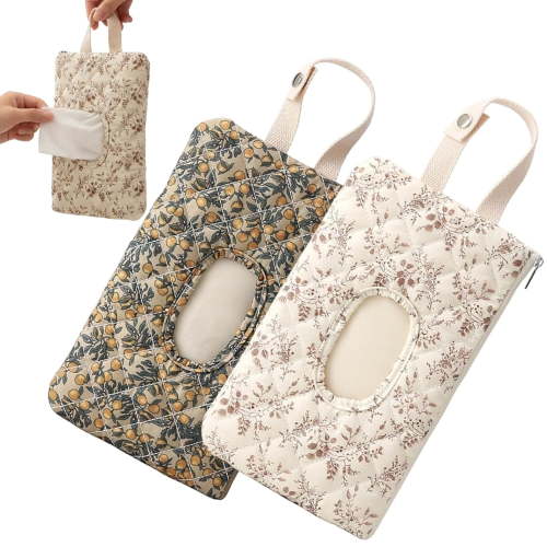 Gfplyw Floral Quilted Baby Wipe Holder 2-Pack, Reusable Leak-Proof Travel Case with Strap for Stroller & Diaper Bag, Portable Wipes Dispenser Pouch