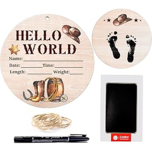 Hello World Baby Announcement Sign, Western Newborn Sign, 6.7 Inch Round Wooden Name Sign for hospital, With Ink Pad for Hand and Footprints, Marker Pen, Baby Photo Prop & Keepsake