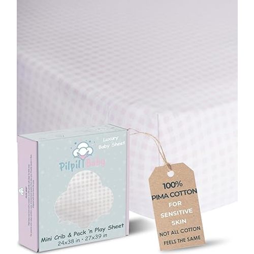 Mini Crib Sheet for Pack ’n Play 24x38 & 27x39 – 100% Peruvian Pima Cotton – Softer Than Muslin – Breathable & Hypoallergenic – Baby Bedding for Sensitive Skin – Pilpil Baby – Pink Gingham