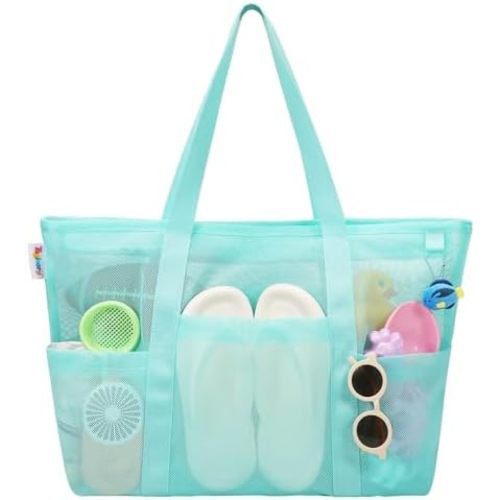 Tagitary Mesh Beach Bag with Zipper Large Beach Tote Waterproof Sandproof with 8 Pockets for Toys Pool Bag Beach Accessories