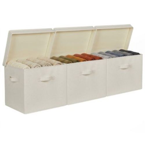 3-Pack Large Fabric Storage Bins with Lids – Deep 15x11.3x12.5 Inch, Stackable, Foldable, Sturdy Cotton-Linen with Handles for Closet & Pantry