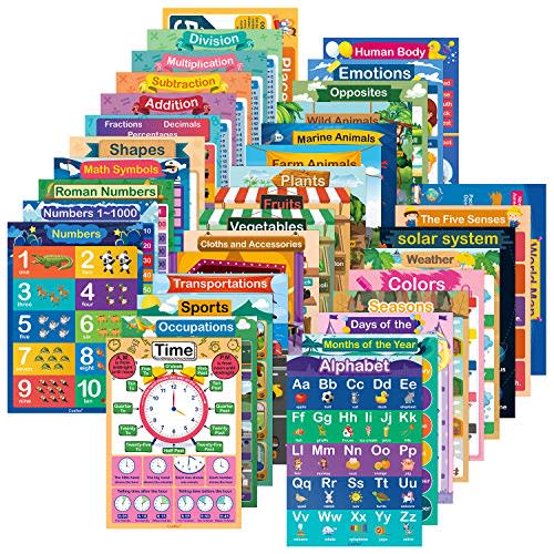 35 Pcs Laminated Educational Posters for Toddlers & Elementary Kids (Ages 3-10) - A3 Size Water-Resistant Dry Erase Learning Charts Set with Alphabet, Numbers, World Map, Foam Dots Included