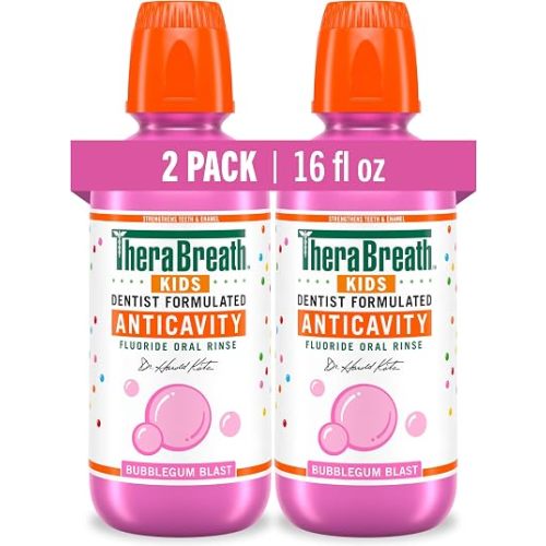 TheraBreath Kids Anticavity Fluoride Oral Rinse, Strengthens Teeth & Enamel, Alcohol Free & Dye Free, Certified Organic Bubblegum Blast Flavor, 16 Fl Oz, 2-Pack