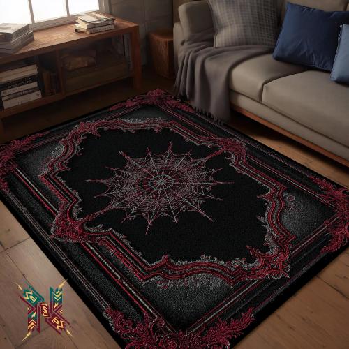 Red Gothic Spiderweb Rug – Dark Victorian Carpet for Haunted, Witchy, or Vampire Decor