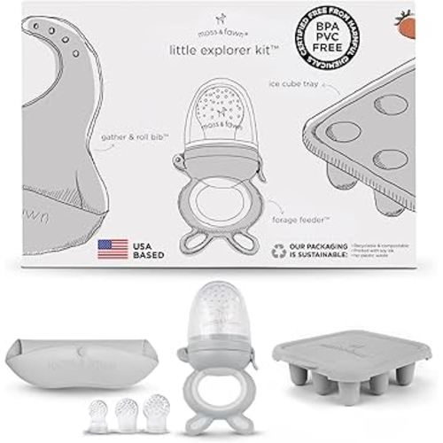 Moss and Fawn Little Explorer Kit - Silicone Frozen Breast Milk Popsicle Kit with Forage Feeder, Teething Popsicle Ice Cube Tray, & Gather & Roll Baby Feeding Bib - BPA, PVC, & Lead-Free - Dew