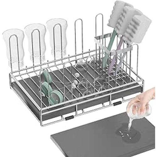 Baby Bottle Drying Rack Organizer Stainless Steel Large Countertop Glass Water Bottle Dryer Holder with Diatomite Stone Quick Dry Easy Clean and Brush Holder