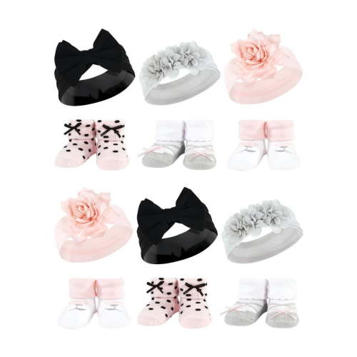 Hudson Baby Infant Girl 12Pc Headband and Socks Giftset, Pink Black Gray, One Size
