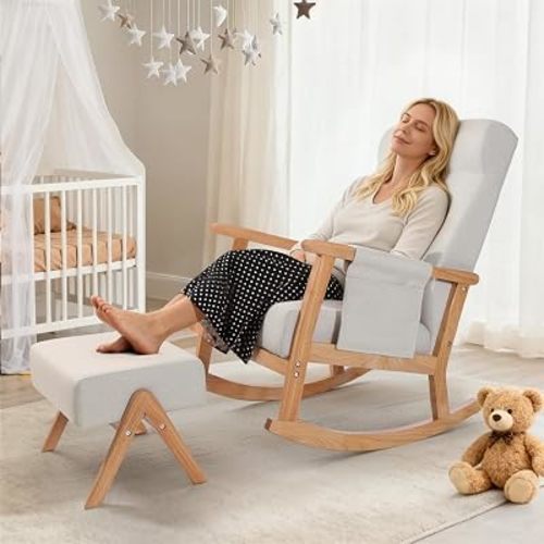 Rocking Chair Indoor with Ottoman, Upholstered Rocking Chair with Lumbar Pillow, Side Pocket, High Back Solid Wood Frame Rocker with Footrest for Living Room