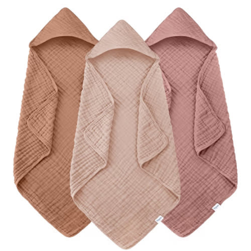 Muslin Hooded Baby Bath Towels - 3 Pack 100% Cotton Ultra-Soft Towels for Newborns, Infants, Toddlers - 32x32 Inch - Highly Absorbent, Quick-Dry Essentials for Bath, Beach, Pool, Bean Paste Series