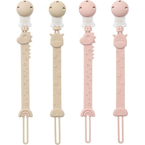 Pacifier Clips for Baby Boys Girls, One-Piece Silicone Pacifier Holder Strap 4 Pack, Binky Paci Clips Animal Rainbow Design, Lightweight Break-Resistant, Dishwasher Safe-Ivory+Blush