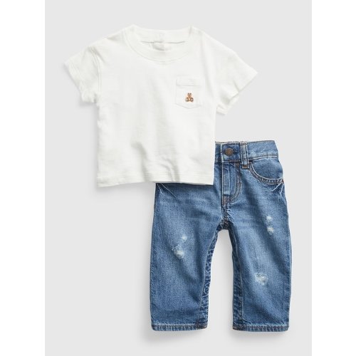 Baby 100% Organic Cotton Denim Outfit Set with Washwell in medium destroy, size: 6-12 M