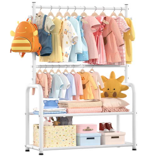 Kids Clothing Rack with Adjustable Hanging Rods and Storage Shelves, UNTIMATY Small Baby Garment Rack for Hanging Clothes, Toddler Dress Up Closet Organizer, Kids Wardrobe Storage Rack, White