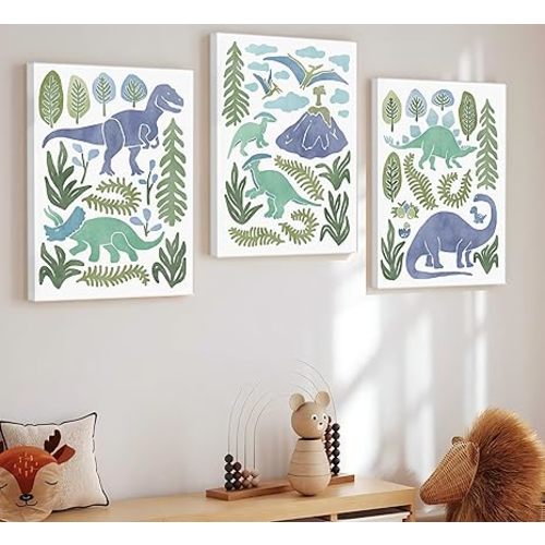 Baby Boys Nursery Wall Art Blue Green Dinosaur Pictures Wall Decor Stegosaurus T-Rex Triceratops Pterodactyl Posters Artwork Watercolor Dino Painting Canvas Prints for Kids Room Toddler Boy Room Decor
