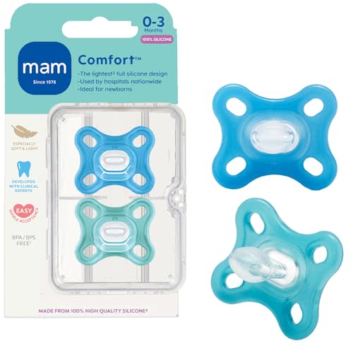 MAM Comfort Baby Pacifiers 0-3 Months Newborns, Lightweight One-Piece Full Silicone Binky, BPA-Free Nipple, Easy to Clean Pacifier, Best for Breastfed Babies, 2 Count, Sterilizer Case, Made in Europe
