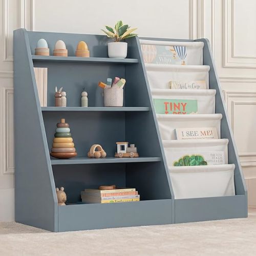 Comfy Cubs Kids Bookshelf 35.2 x 15.7 x 31.5 Inches - Sturdy MDF Montessori Book Shelf with Soft & Hard Shelves for Toys & Books - Child-Friendly, Easy Access Storage Organizer for Kids - Blue