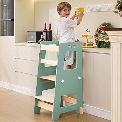 WOOD CITY Kitchen Step Stool - Safe Montessori Standing Tower for Kids with Safety Rail, Height Adjustable Toddler Ideal Helper for Learning New Skills, Anti-Slip Protection for Bathroom - Green…
