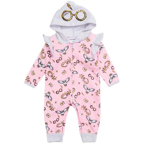 Harry Potter Baby Girls Hooded Bodysuit - Sweatshirt Fleece Zip Up One Piece Baby Clothes Pink/Grey, 3-6M