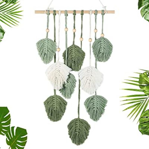 Leaves Macrame Wall Hanging Boho Feather Wall Decor Large Leaf Yarn Wall Hanging Tapestry Handmade Woven Wall Art for Bedroom Nursery Home Decor, 16.5 x 35.4 Inch (Sage Green, Army Green, White)