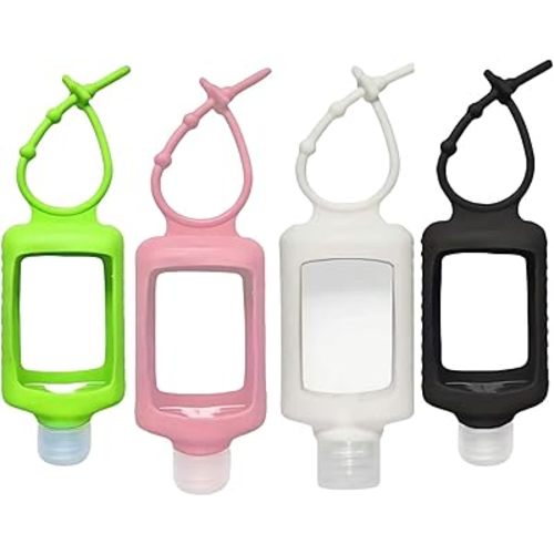 Chinshwehaw 4 Pack Leak Proof Travel Bottles 60ml(2oz) with Silicone Sleeves & Keychain | Refillable Squeeze Containers for Toiletries, Hand Sanitizer | BPA Free PETG (Red, White, Black, Green)