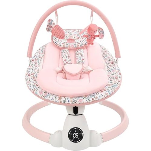 Baby Swing for Infants, Electric Baby Swing with Bluetooth, Portable Infant Swing with 5 Speeds, 10 Lullabies, 5-Point Harness & Remote Control, for Newborns Infants Indoor Outdoor Use (Pink)