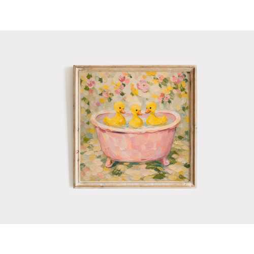 Pastel Rubber Duck Bath Wall Art, Cottagecore Kids Girl Nursery Decor, Whimsical Bathroom Poster square