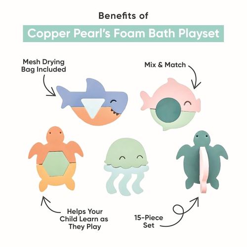 Amazon.com: Copper Pearl 15-Piece Foam Bath Toy Set: Floating Foam Shapes for Kids, Fun Puzzle Bath Foam for Toddlers, Stick-On Baby Bath Toys, Enhances Problem Solving and Coordination, Ages 3+ : Toys & Games